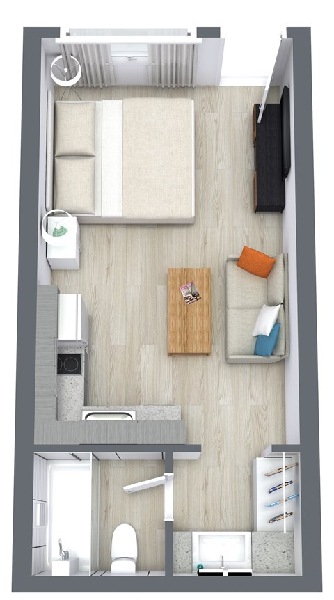Floor plan for studio, 1 bath, 285 sqft